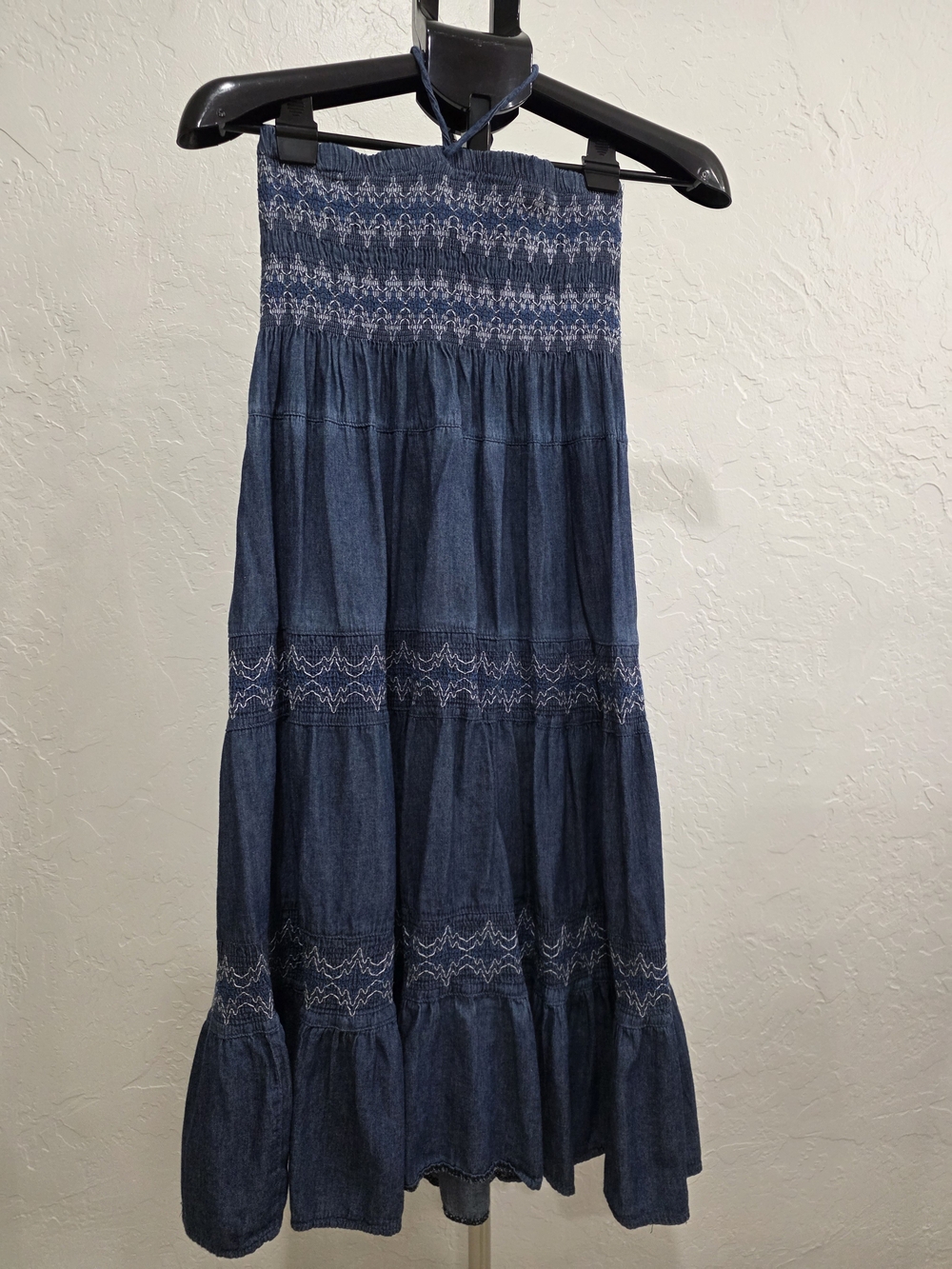 Lapis Blue Strapless Smocked Denim Maxi Dress